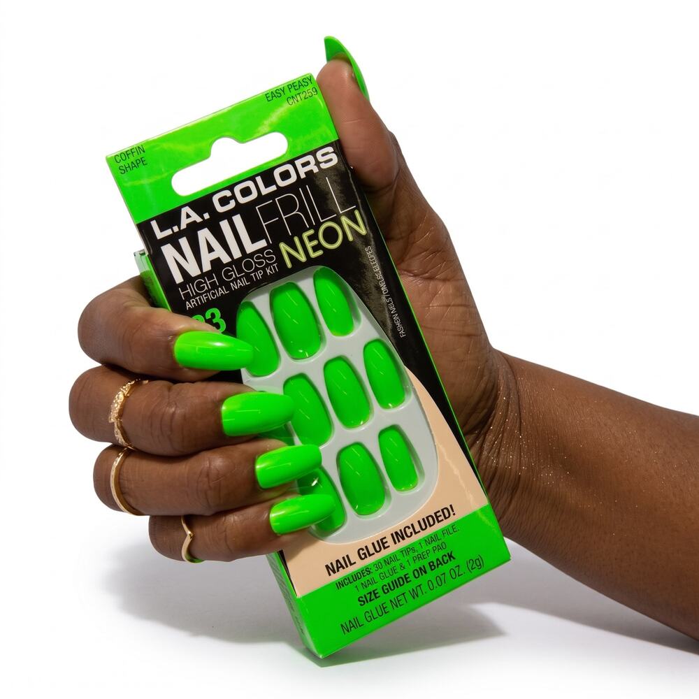 L.A. Colors Nail Frill vibrant neon green shade medium-length coffin shape